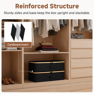Underbed Storage Box with Bamboo Frame, black fabric, reinforced sides, cardboard insert, neatly stacked in closet.