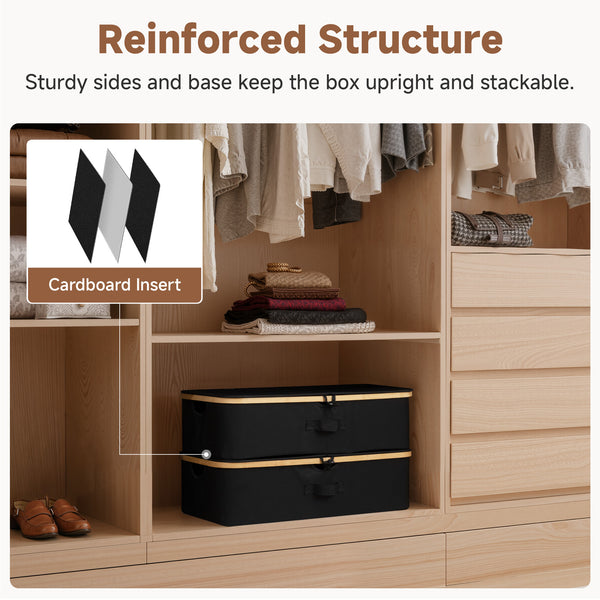 Underbed Storage Box with Bamboo Frame, black fabric, reinforced sides, cardboard insert, neatly stacked in closet.