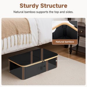 Underbed storage box with bamboo frame, black fabric, sturdy design, under bed, natural bamboo accents.