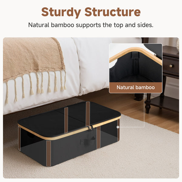 Underbed storage box with bamboo frame, black fabric, sturdy design, under bed, natural bamboo accents.