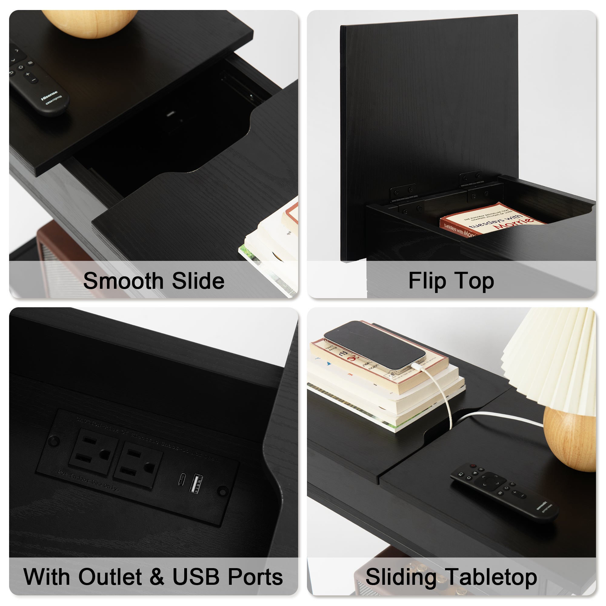 Flip Top End Table with Storage and Built-In Outlets