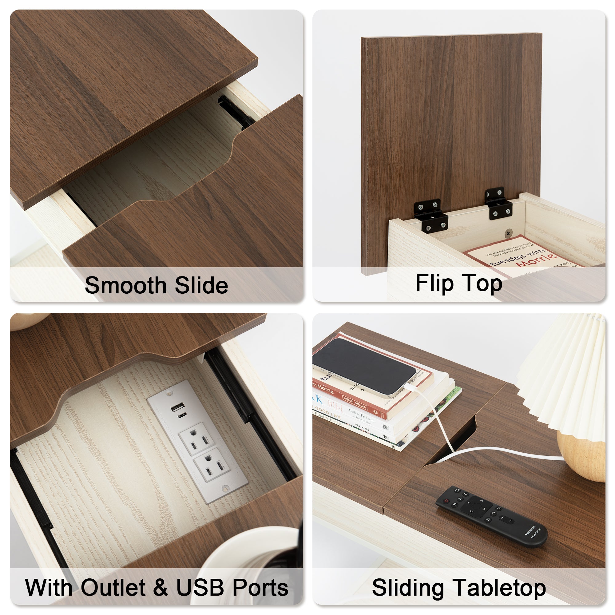 Flip Top End Table with Storage and Built-In Outlets