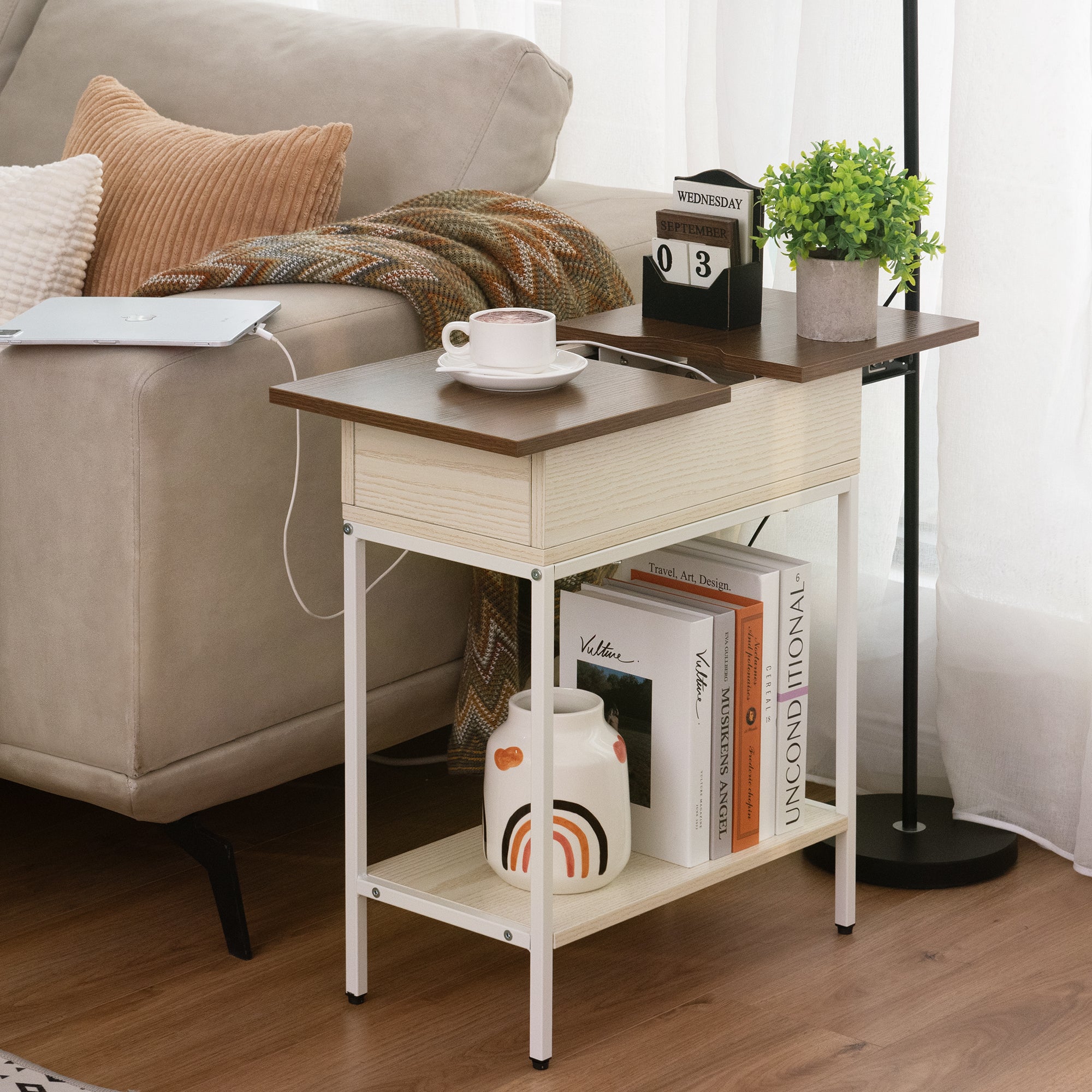 Flip Top End Table with Storage and Built-In Outlets