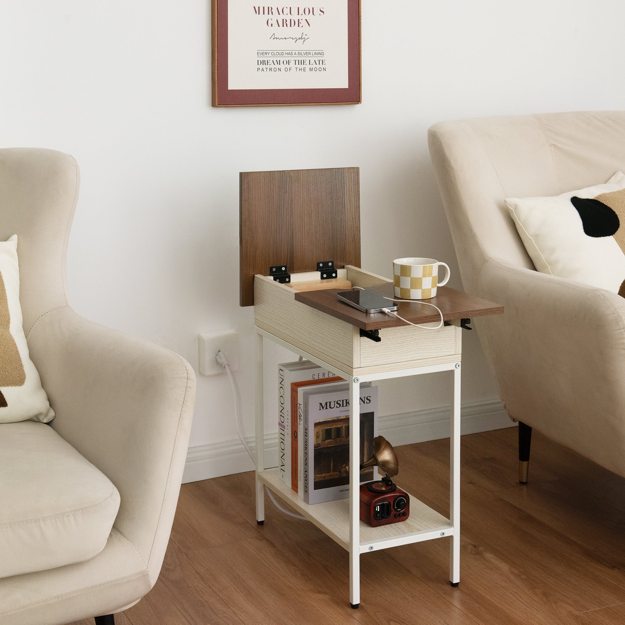 Flip Top End Table with Storage and Built-In Outlets