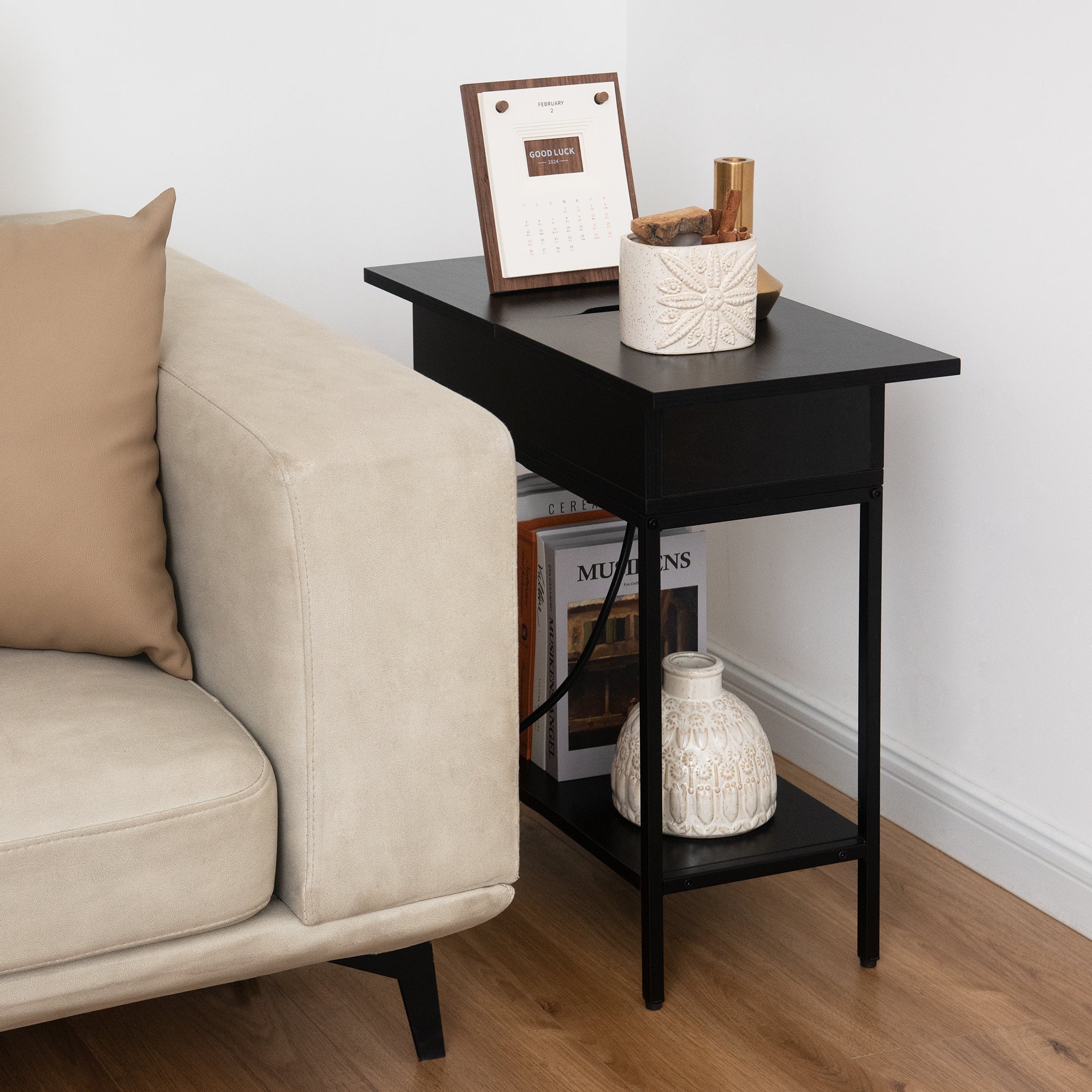 Flip Top End Table with Storage and Built-In Outlets