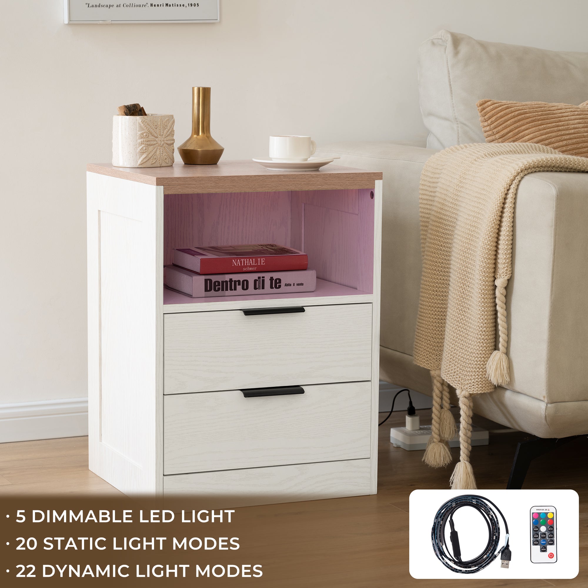 LED Wood Nightstand with 2 Drawers