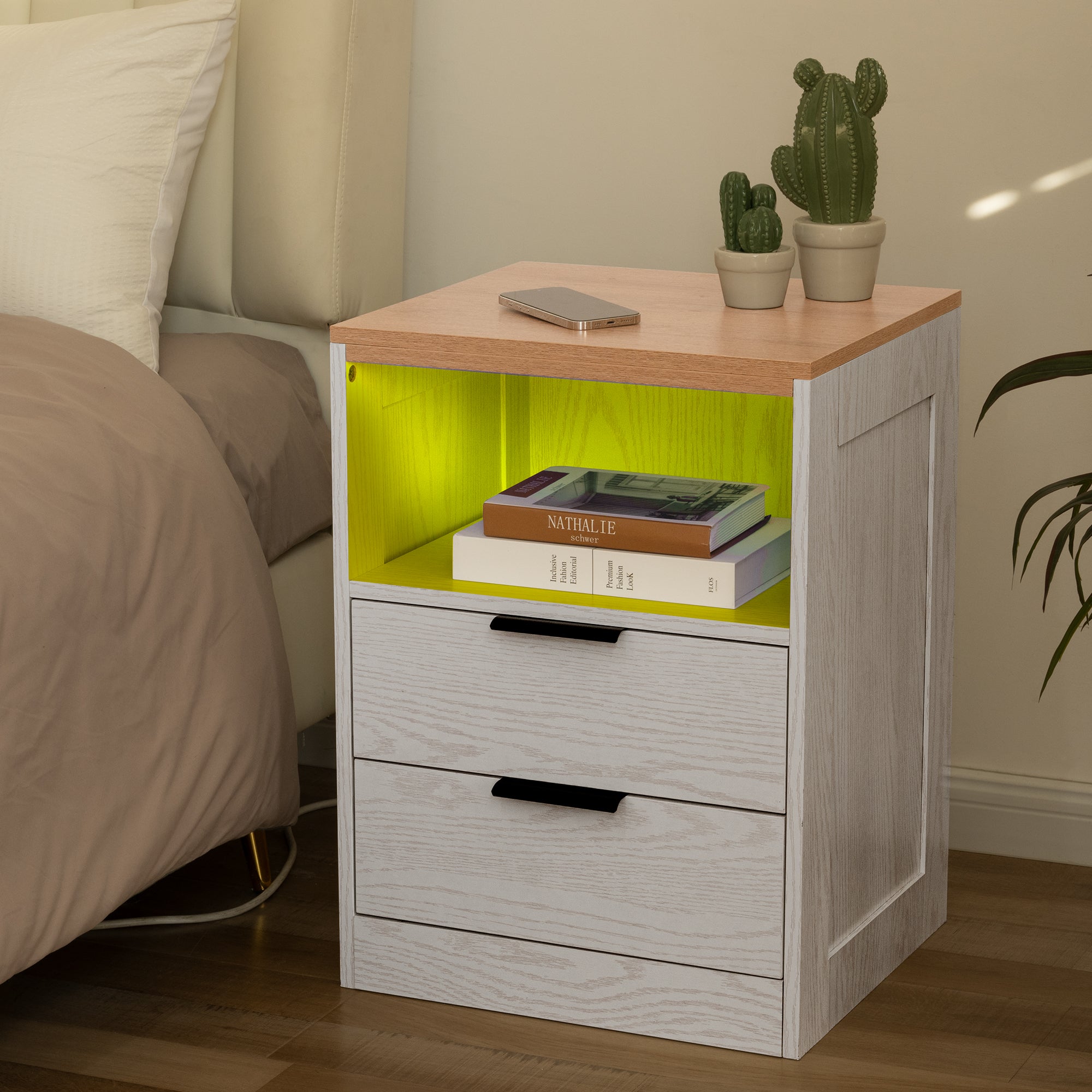 LED Wood Nightstand with 2 Drawers