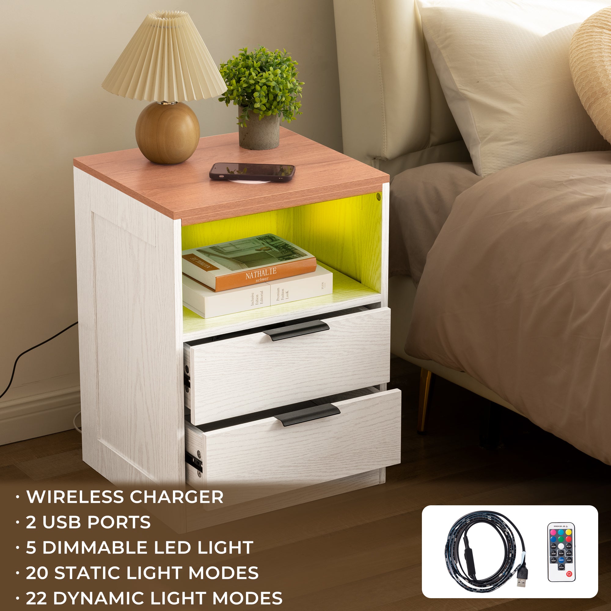 LED Wood Nightstand with 2 Drawers