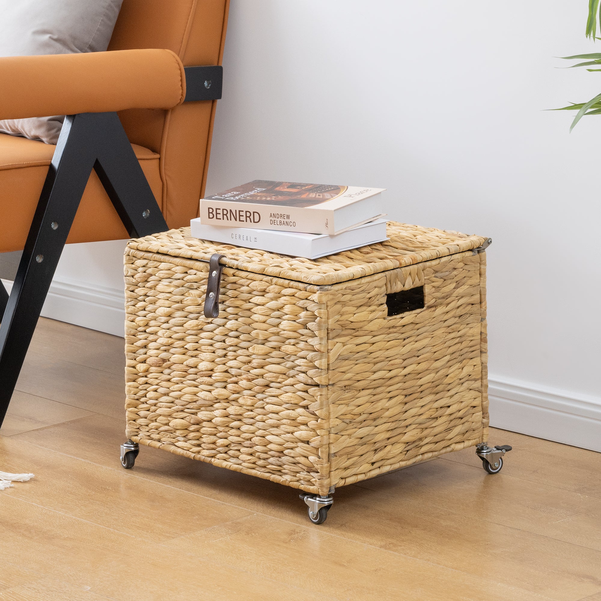 Rolling Filing Basket with Lid and 360 Degree Lockable Wheels Natural