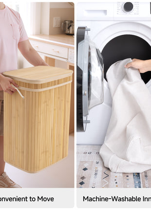 Foldable Bamboo Laundry Basket with Lid, 5 Colors
