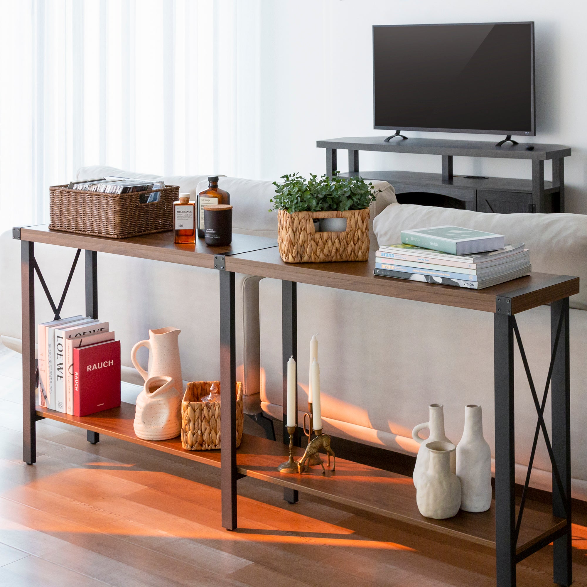 Farmhouse Long Console Table, Sofa Table with Shelf for Living Room and Entryway