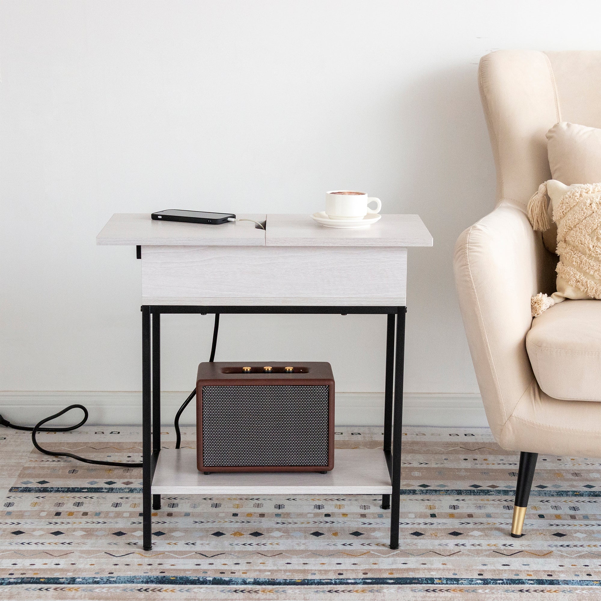 Flip Top End Table with Storage and Built-In Outlets