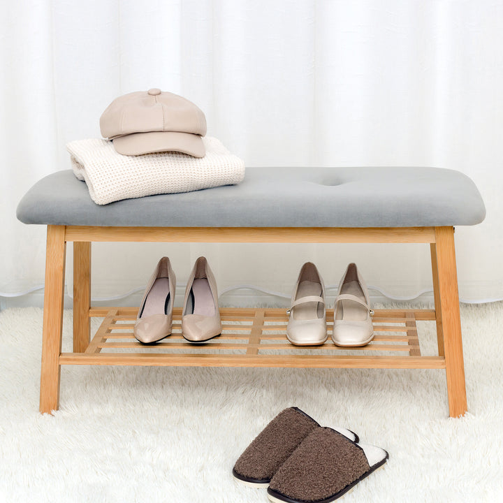 Tufted Fabric Bench Ottoman Bench with Storage Shelf