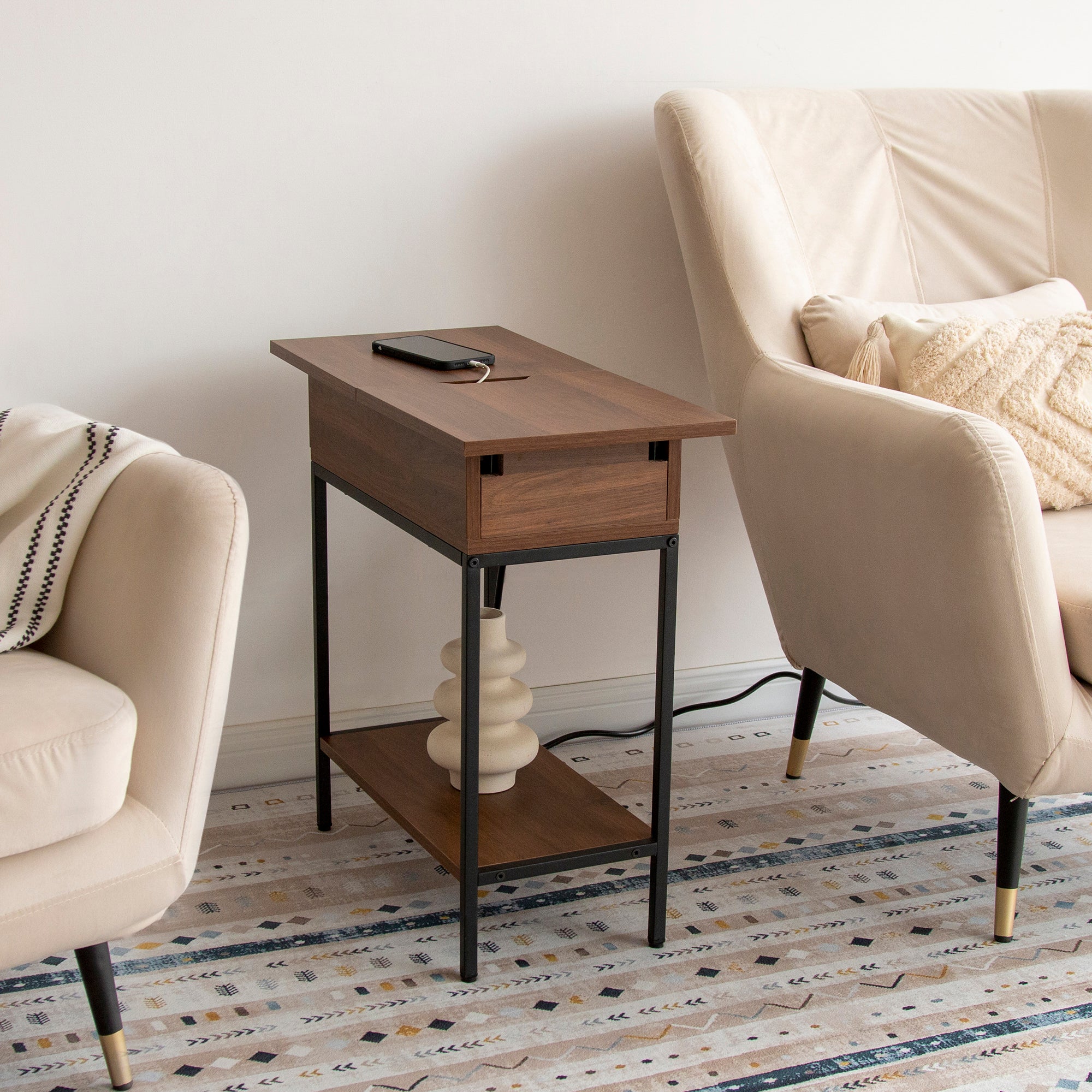 Flip Top End Table with Storage and Built-In Outlets