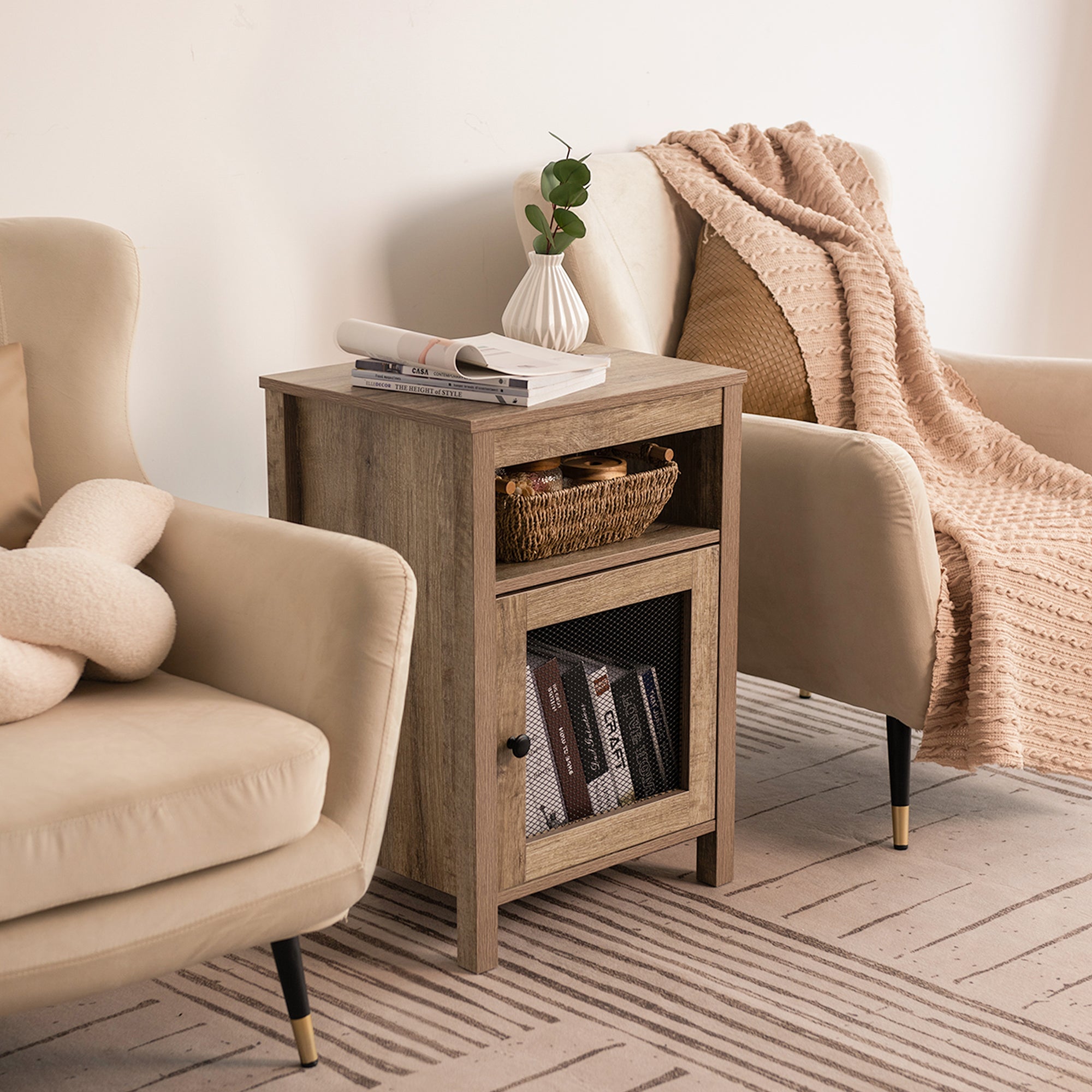 Farmhouse End Table with USB Ports & Power Outlets, Weathered Oak