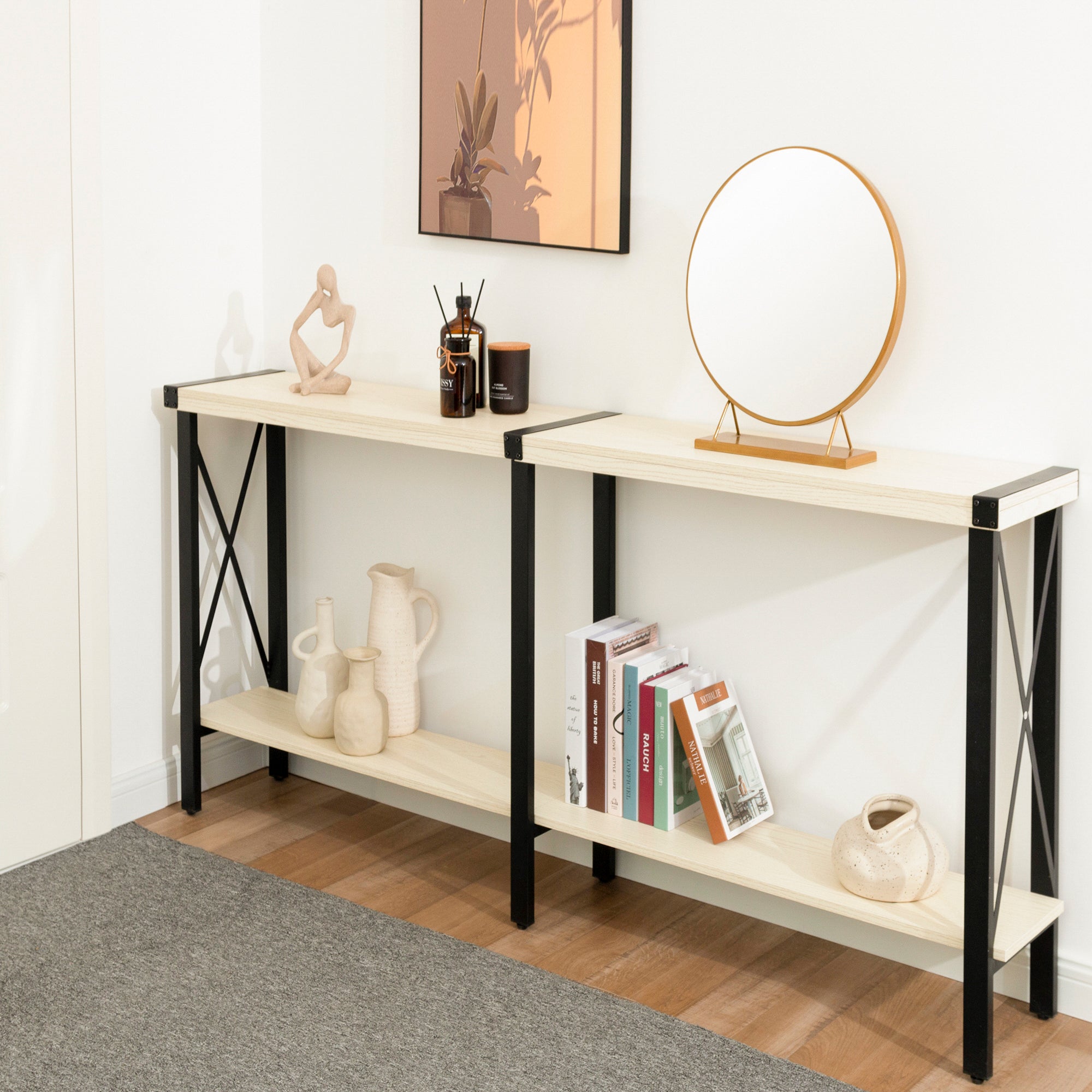 Farmhouse Long Console Table, Sofa Table with Shelf for Living Room and Entryway