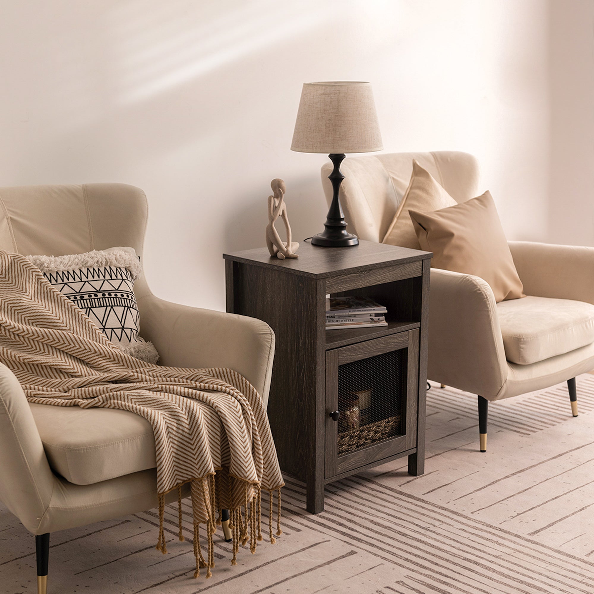 Farmhouse End Table with USB Ports & Power Outlets, Weathered Oak