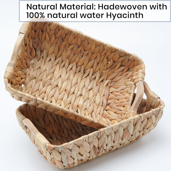 Hand-Woven Water Hyacinth Storage Baskets with Wooden Handles, 2-pack