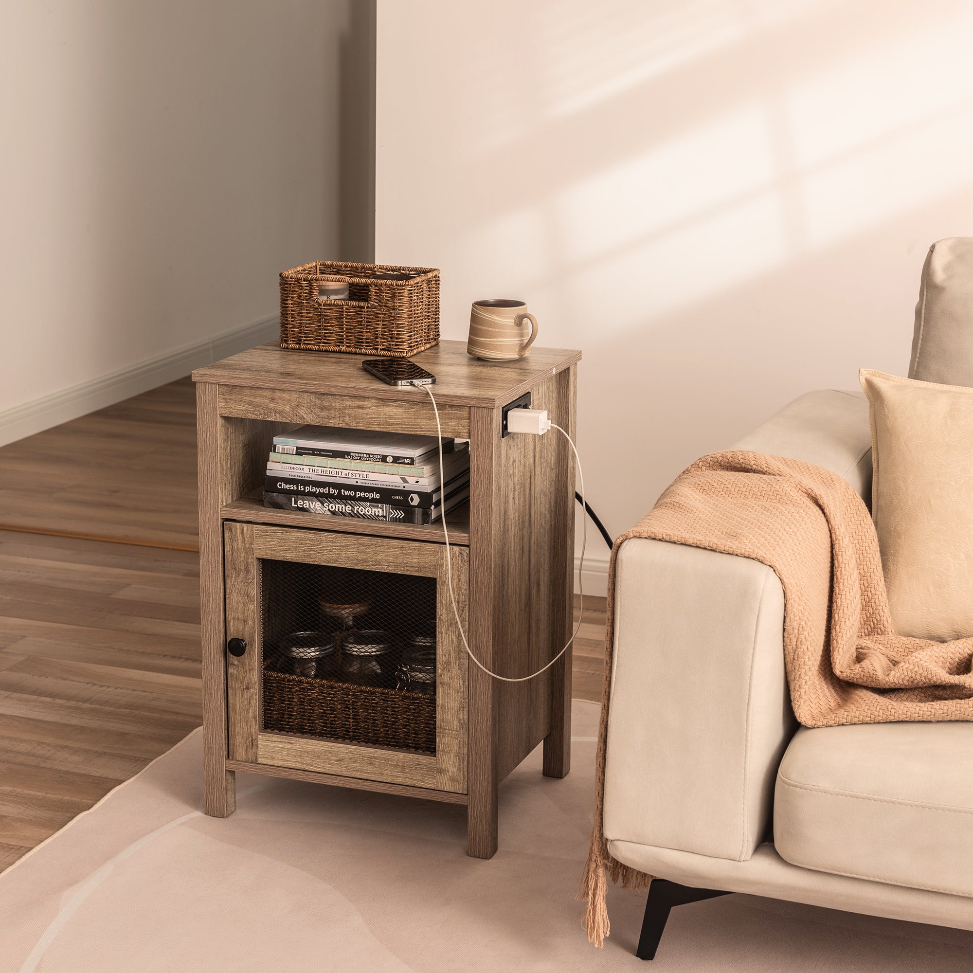 Farmhouse End Table with USB Ports & Power Outlets, Weathered Oak