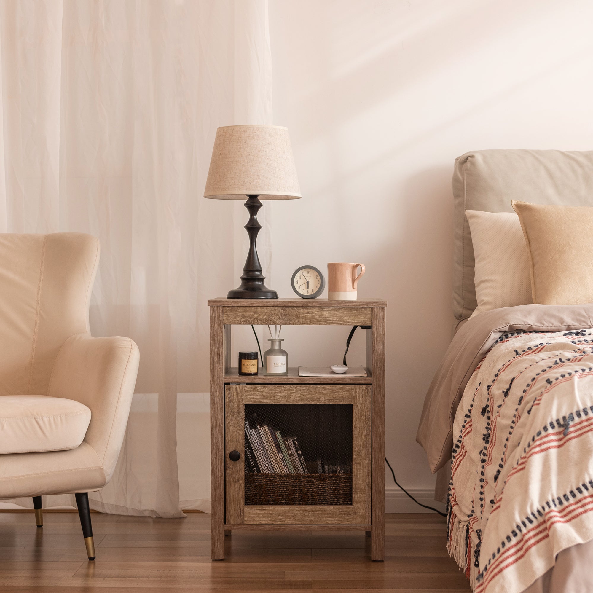 Farmhouse End Table with USB Ports & Power Outlets, Weathered Oak