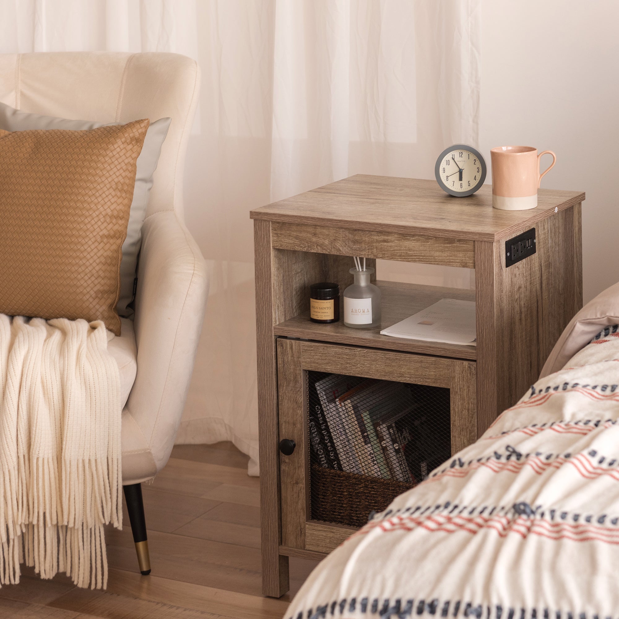 Farmhouse End Table with USB Ports & Power Outlets, Weathered Oak