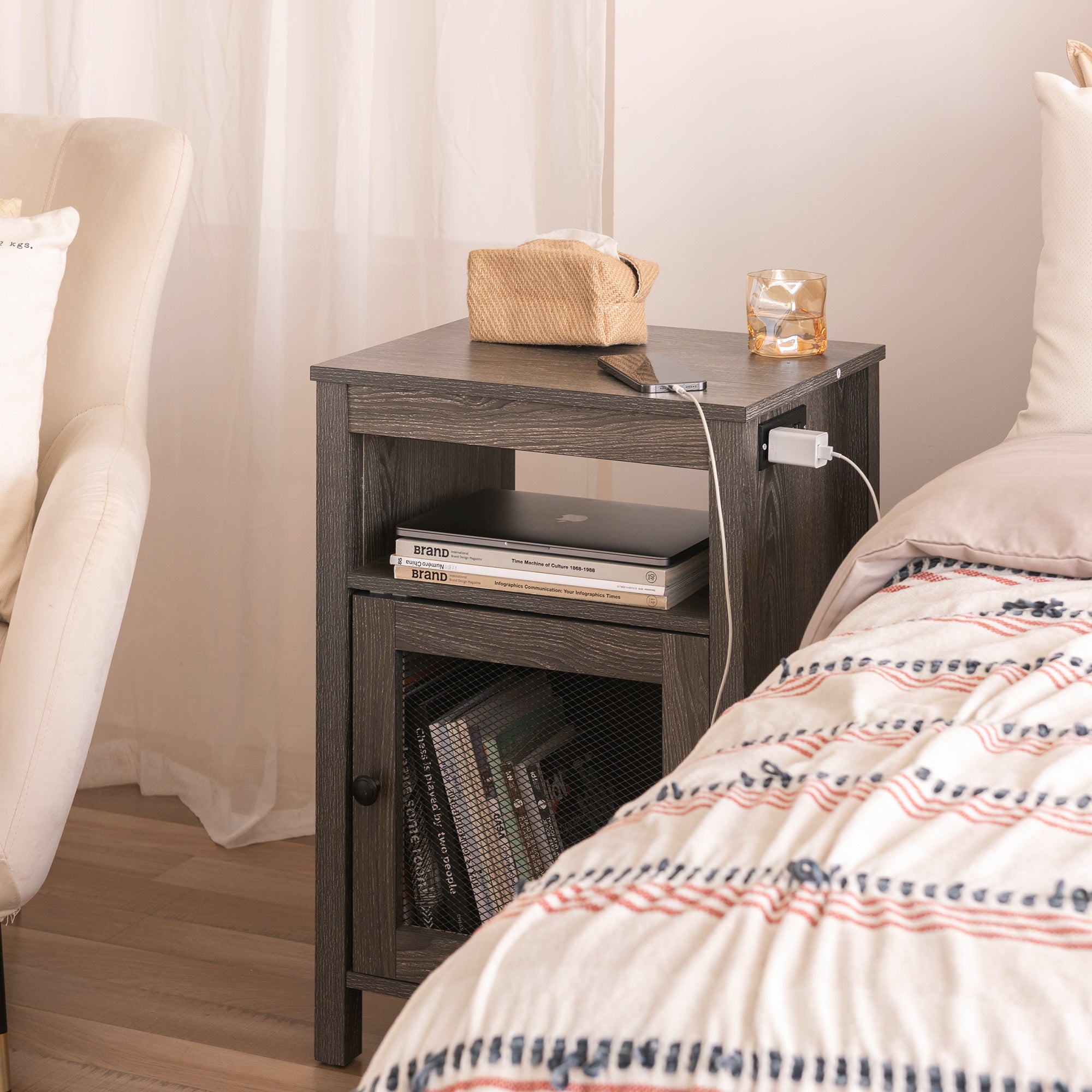 Farmhouse End Table with USB Ports & Power Outlets, Weathered Oak