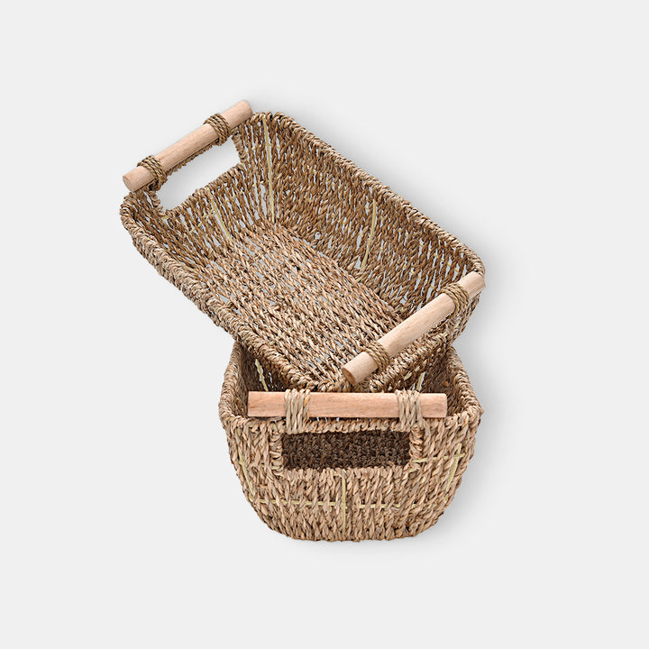 Hand-Woven Small Wicker Baskets with Wooden Handles, 2-pack