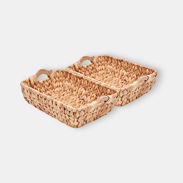 Hand-Woven Water Hyacinth Storage Baskets with Wooden Handles, 2-pack