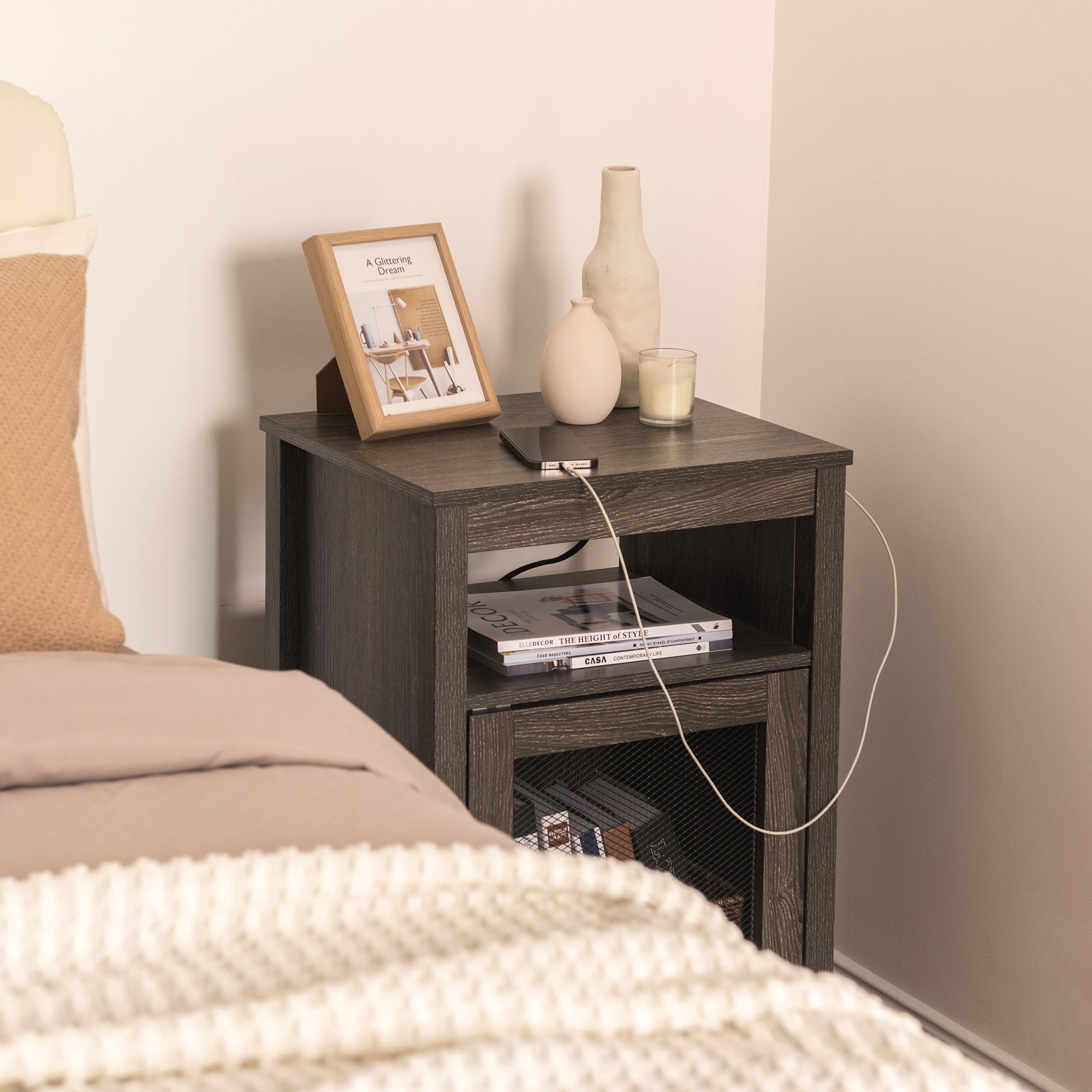 Farmhouse End Table with USB Ports & Power Outlets, Weathered Oak