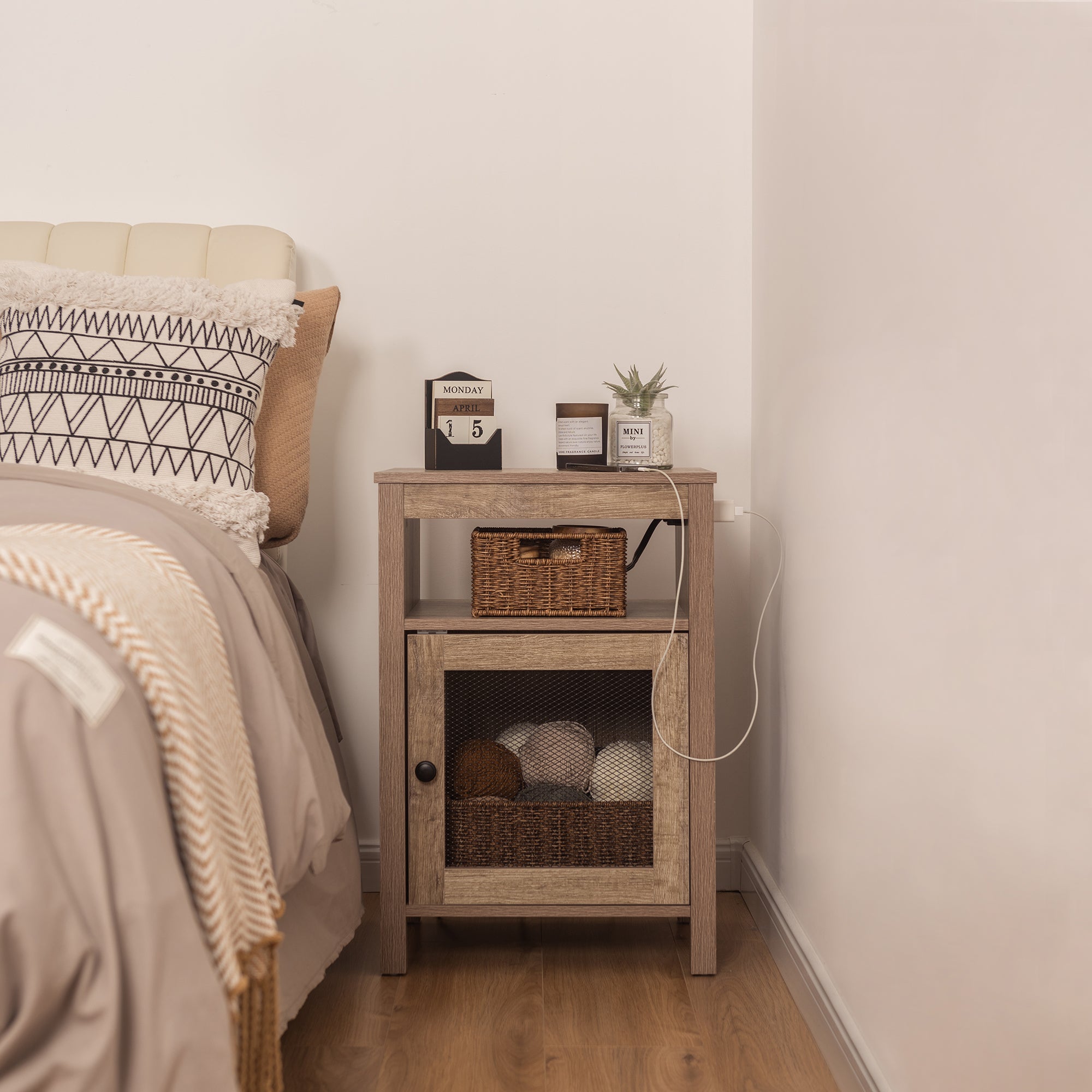 Farmhouse End Table with USB Ports & Power Outlets, Weathered Oak