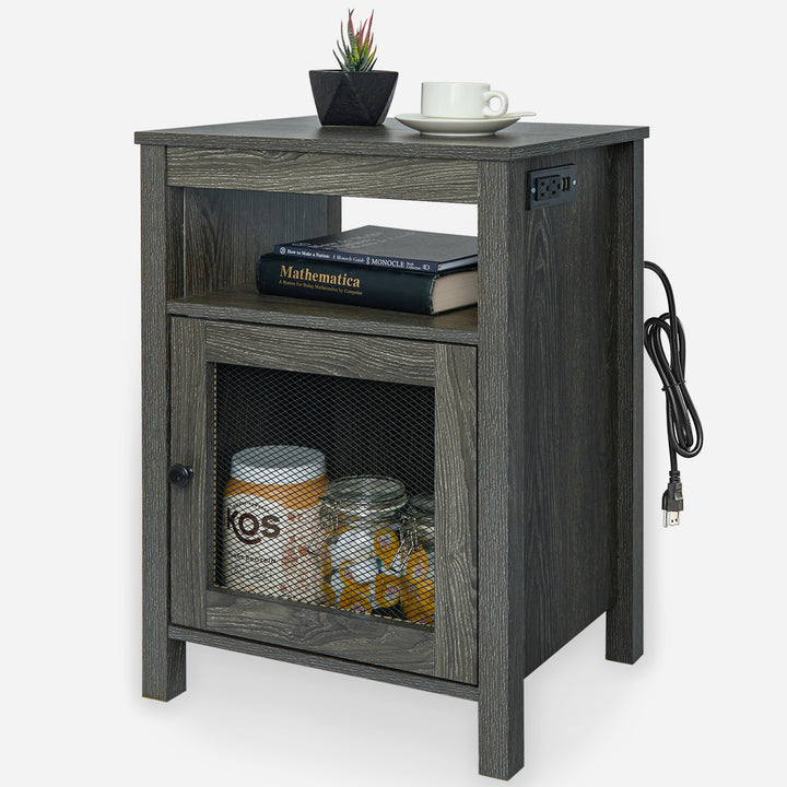 Farmhouse End Table with USB Ports & Power Outlets, Weathered Oak