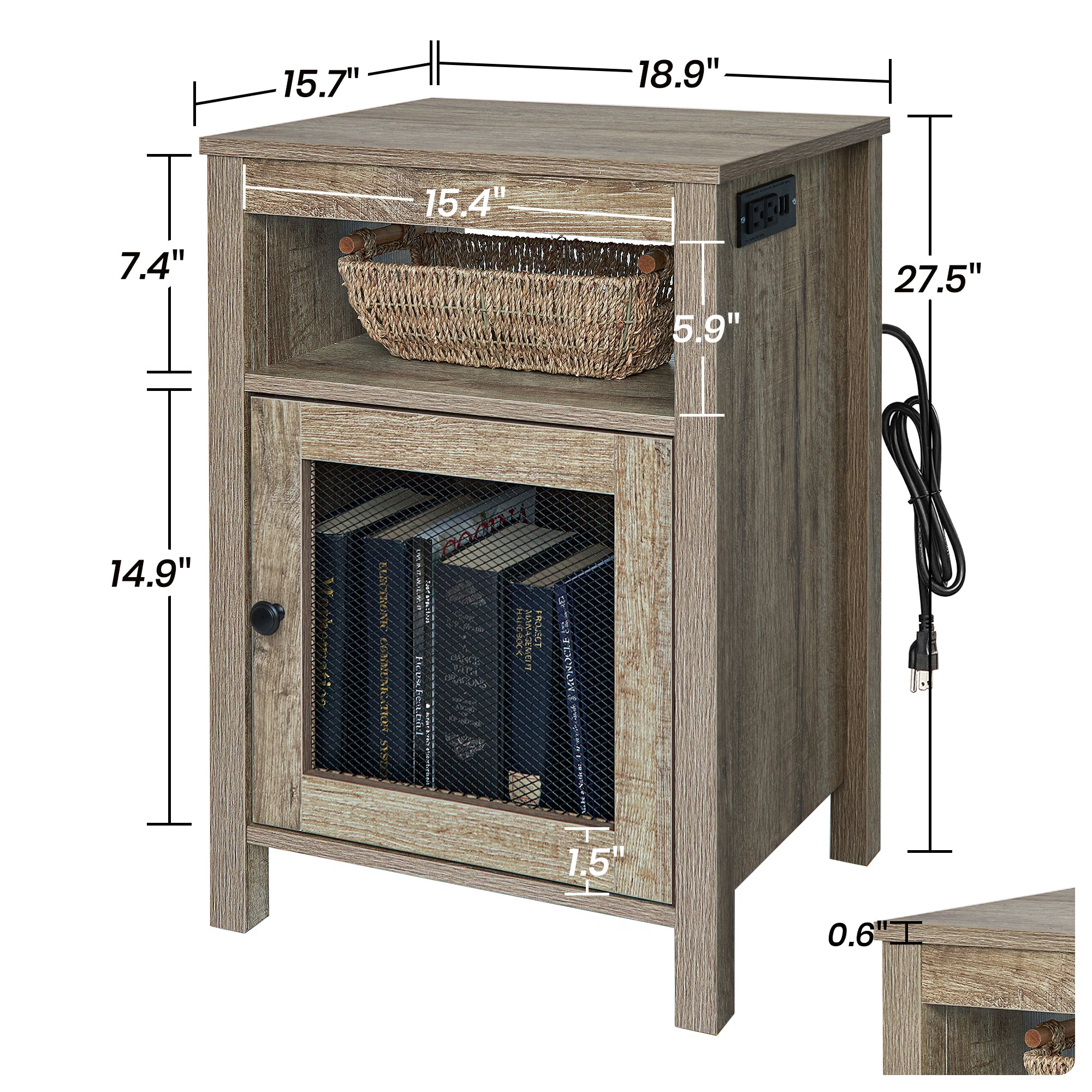 Farmhouse End Table with USB Ports & Power Outlets, Weathered Oak