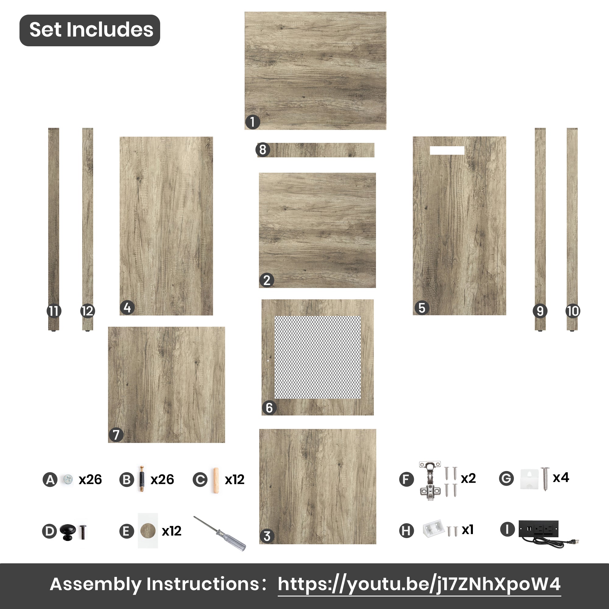 Farmhouse End Table with USB Ports & Power Outlets, Weathered Oak