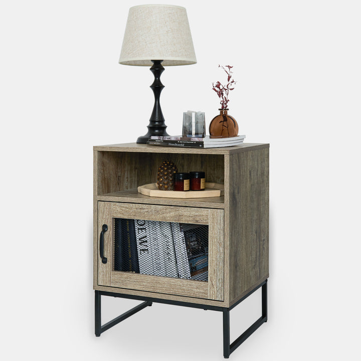 End Table with Cabinet and Open Storage Shelf, Weathered Oak Grey