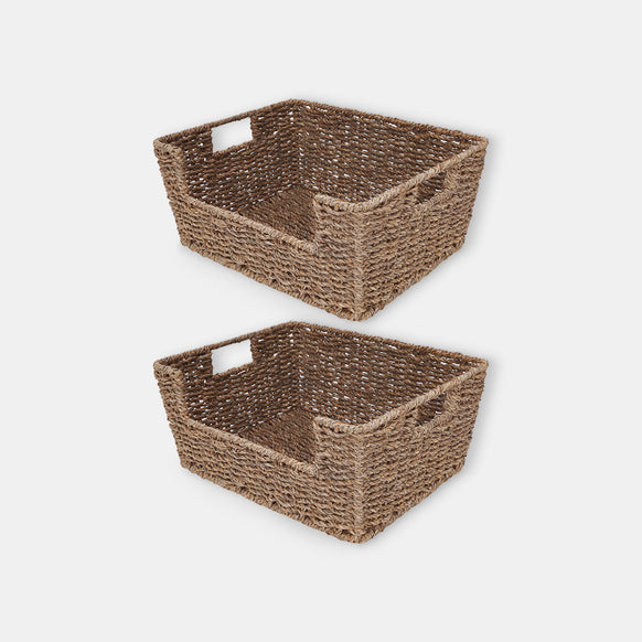 Handwoven Seagrass Open-Front Bins with Handles, 13.8” x 11” x 5.5”, set of 2